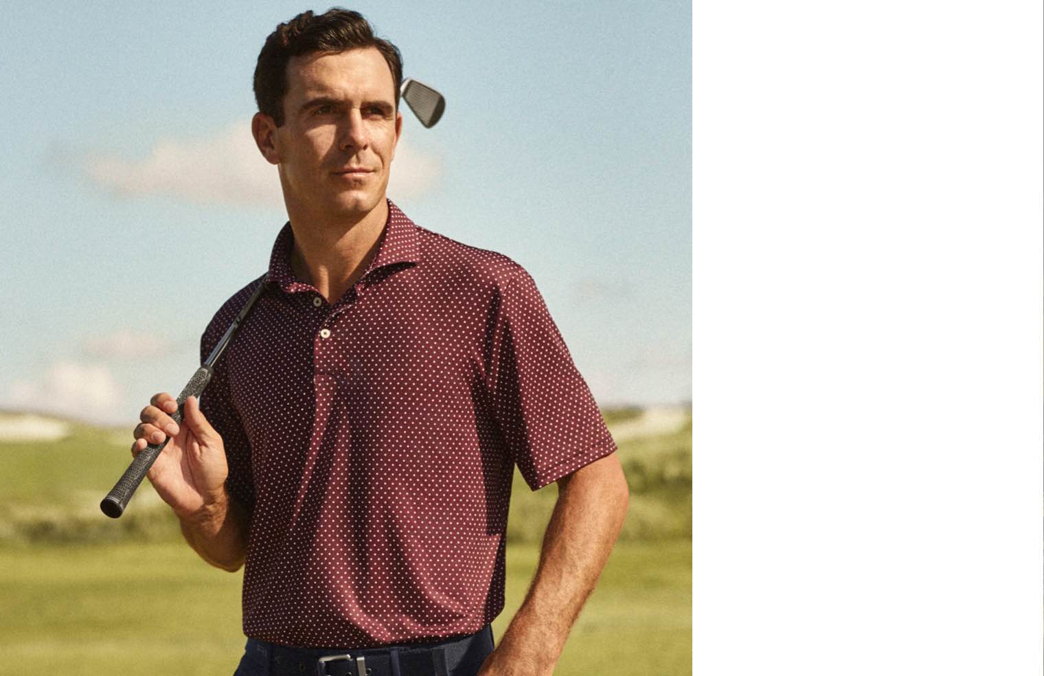 Billy Horschel wears maroon polka-dot Polo shirt.