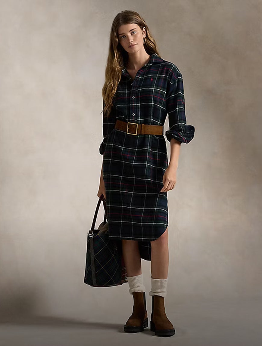 Model wearing green checked dress