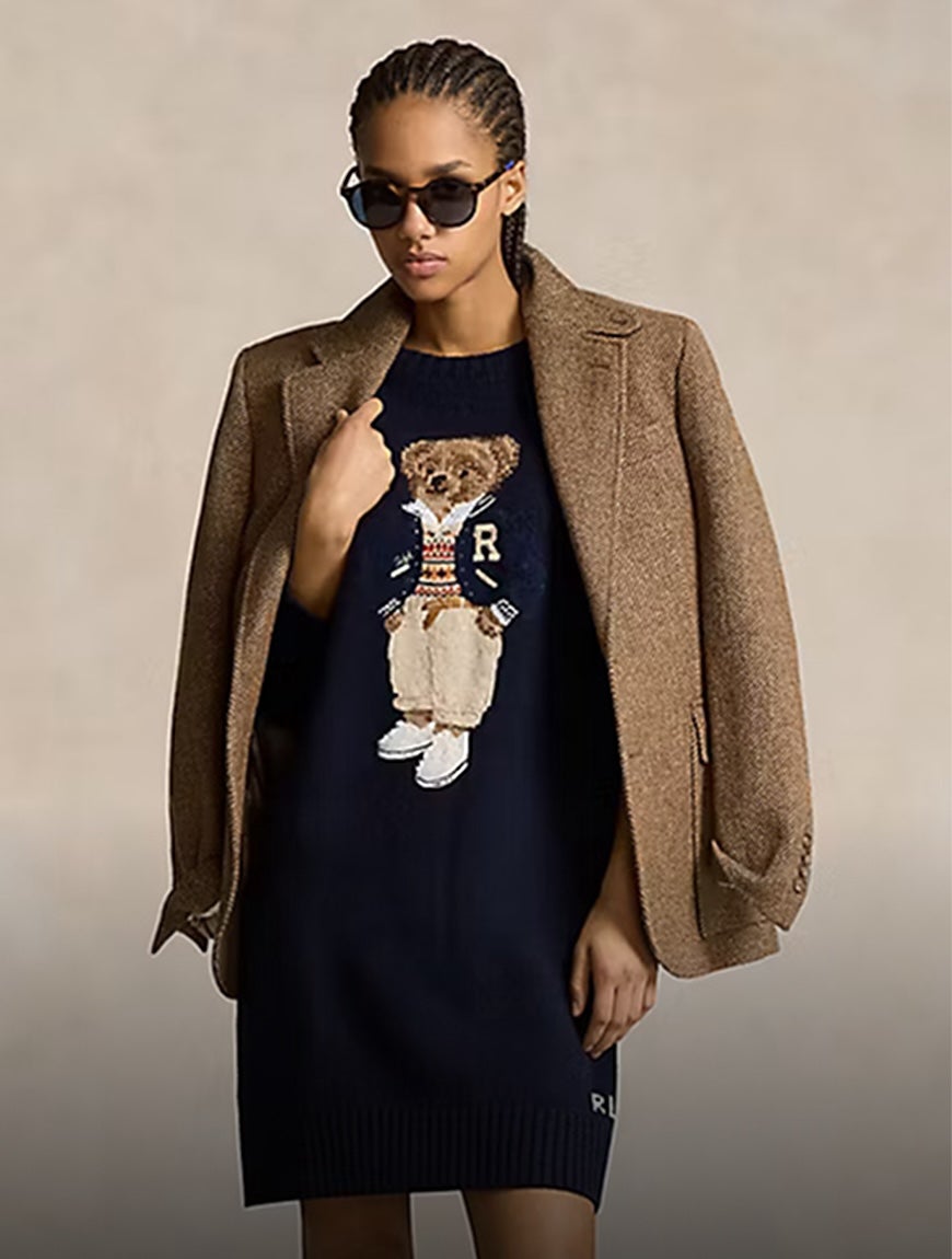 Model wearing bear sweater dress 