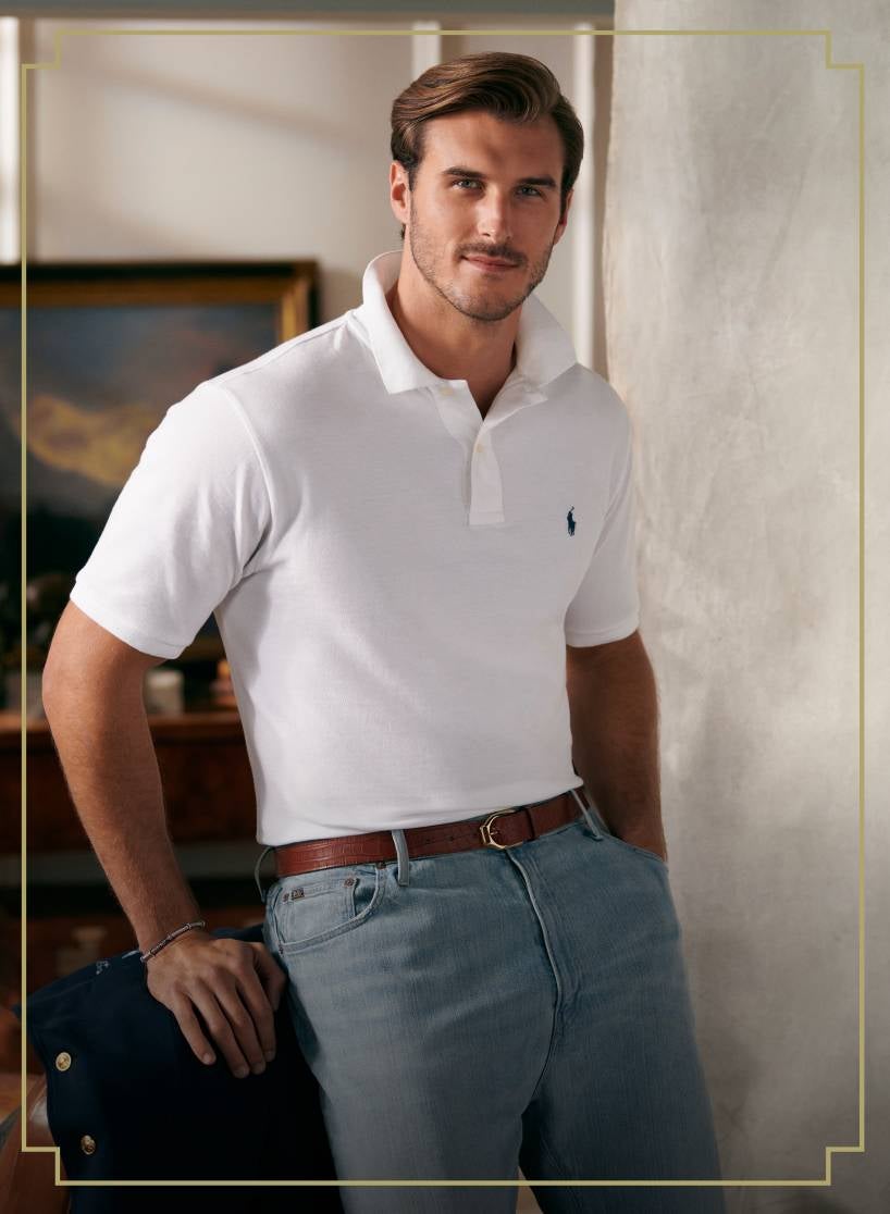 Model wearing white polo shirt