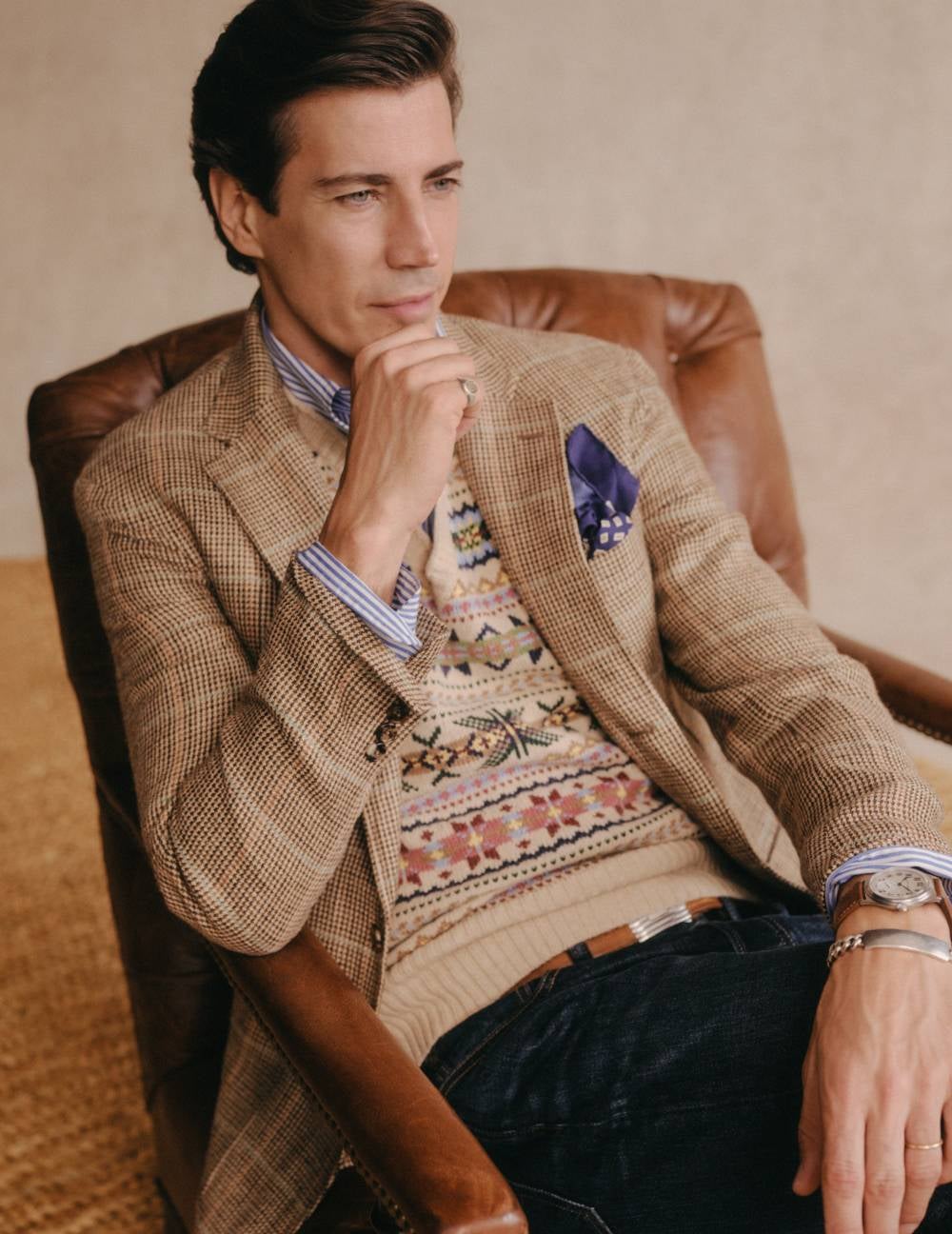 Model wearing jacket and knitwear
