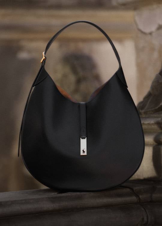 Black leather shoulder bag.