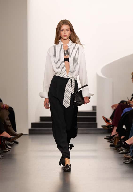 A look from Ralph Lauren’s Fall 2025 runway show shown on model.