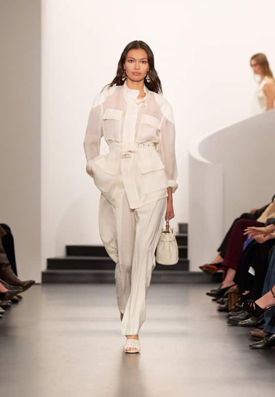 A look from Ralph Lauren’s Fall 2025 runway show shown on model.