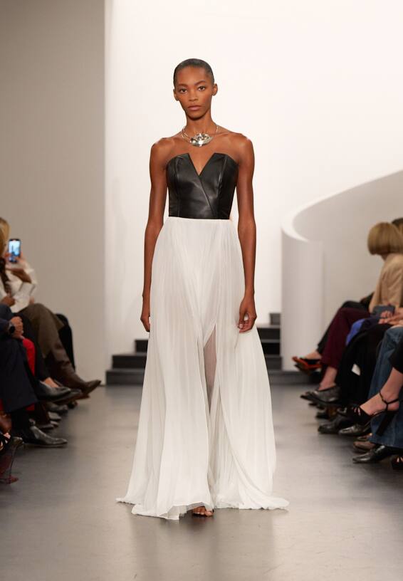 A look from Ralph Lauren’s Fall 2025 runway show shown on model.